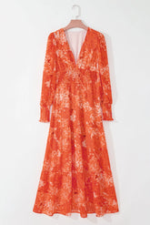 Smocked Printed V-Neck Long Sleeve Dress OutfitFlow